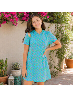 BCBG Girls Hooded Midi Shift Dress Turquoise Kids All Over Print Pull Over Small
